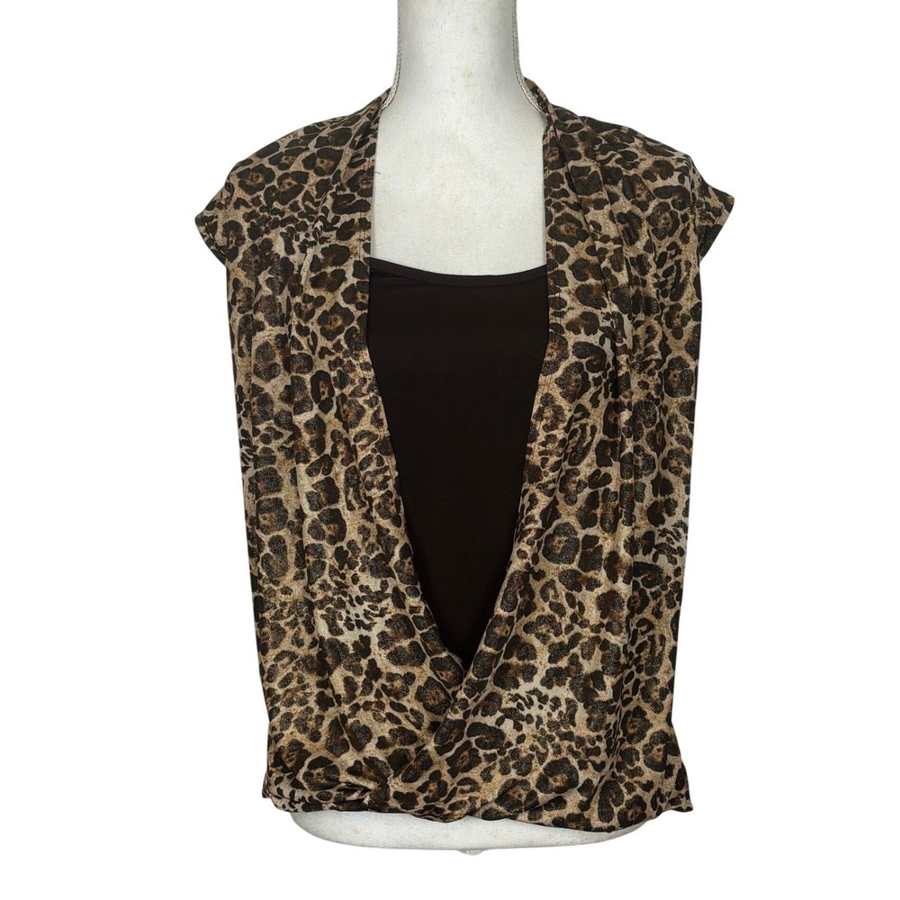 vintage y2k Leopard Print Draped Top Women Large Brown Animal Print Layered